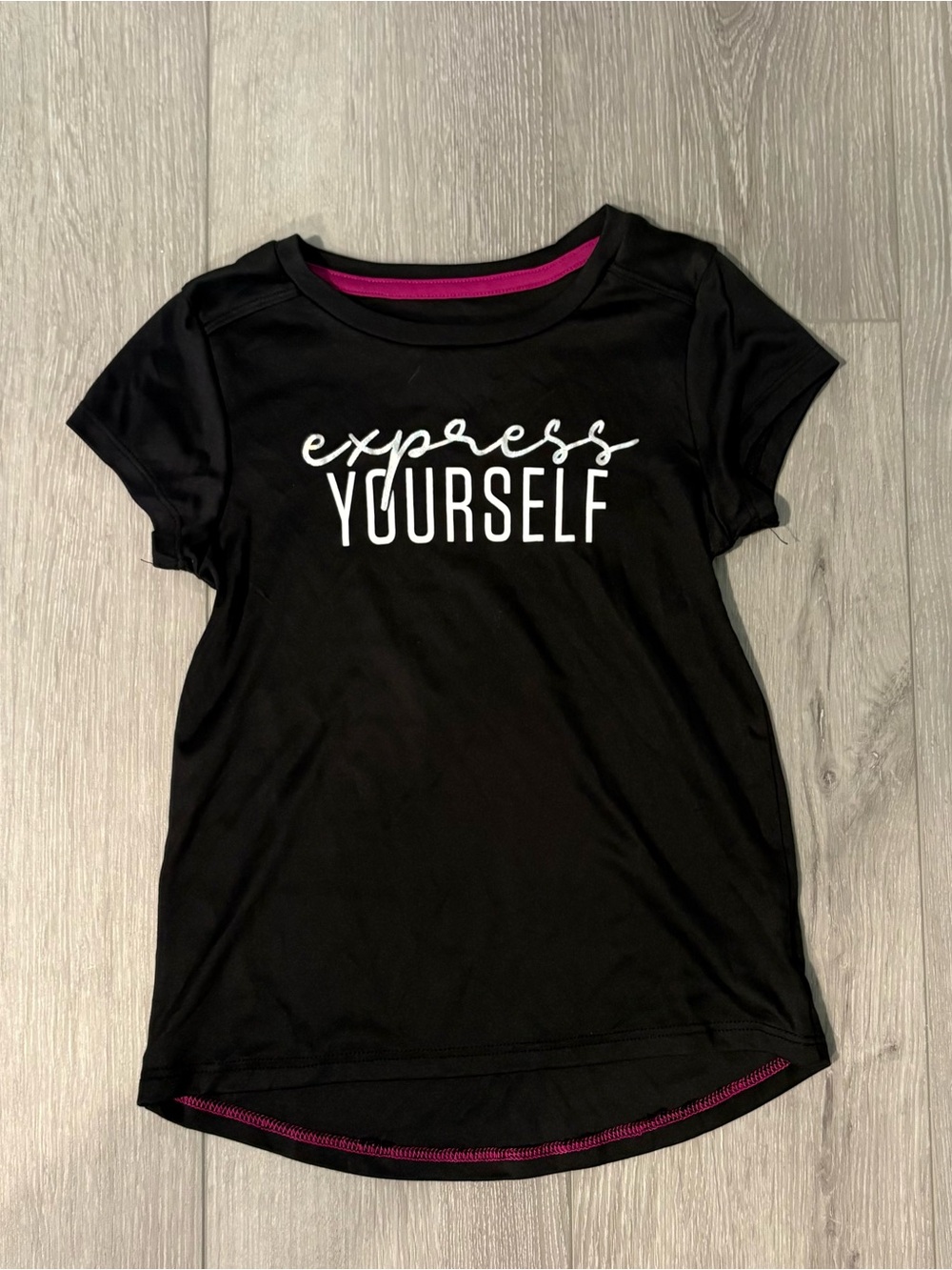 Champions Black "Express Yourself" Graphic Tee with Pink Trim. Girls size 4/5